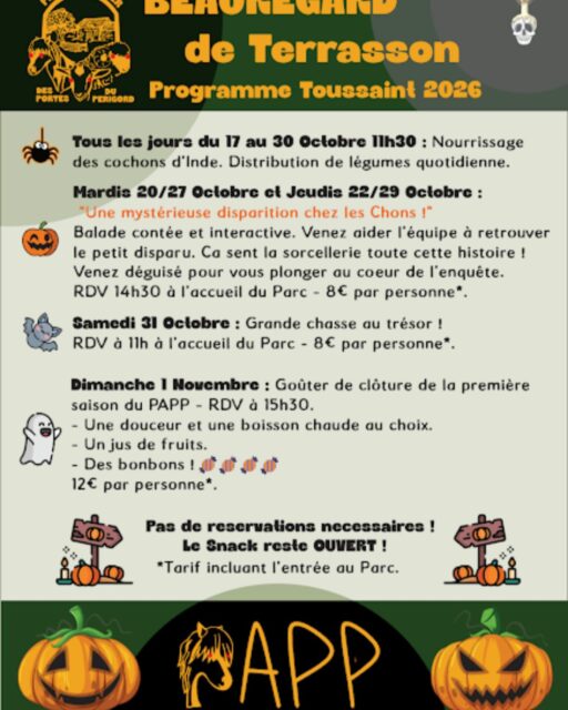 👻🎃Le programme des vacances 🎃👻Pour rappel, nous sommes ouverts 7/7j jusqu'au dimanche 1 er novembre de 11h à 17h, ensuite le parc fermera ses portes jusqu'à début avril 2027.⚠️ Toutes les animations sont offertes aux détenteurs du pass saison ⚠️Pendant la fermeture hivernale, possibilité de fêter des anniversaires, de faire des visites privées. N'hésitez pas à nous contacter !! ☺️