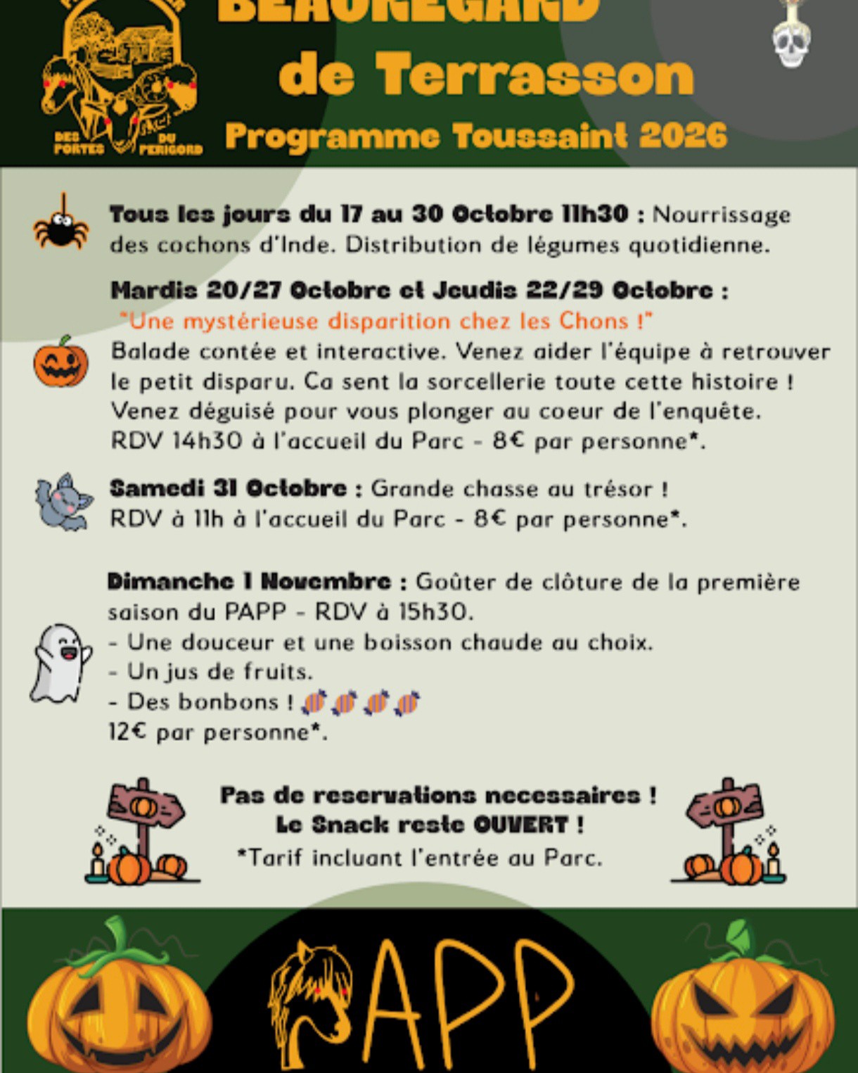 👻🎃Le programme des vacances 🎃👻Pour rappel, nous sommes ouverts 7/7j jusqu'au dimanche 1 er novembre de 11h à 17h, ensuite le parc fermera ses portes jusqu'à début avril 2027.⚠️ Toutes les animations sont offertes aux détenteurs du pass saison ⚠️Pendant la fermeture hivernale, possibilité de fêter des anniversaires, de faire des visites privées. N'hésitez pas à nous contacter !! ☺️
